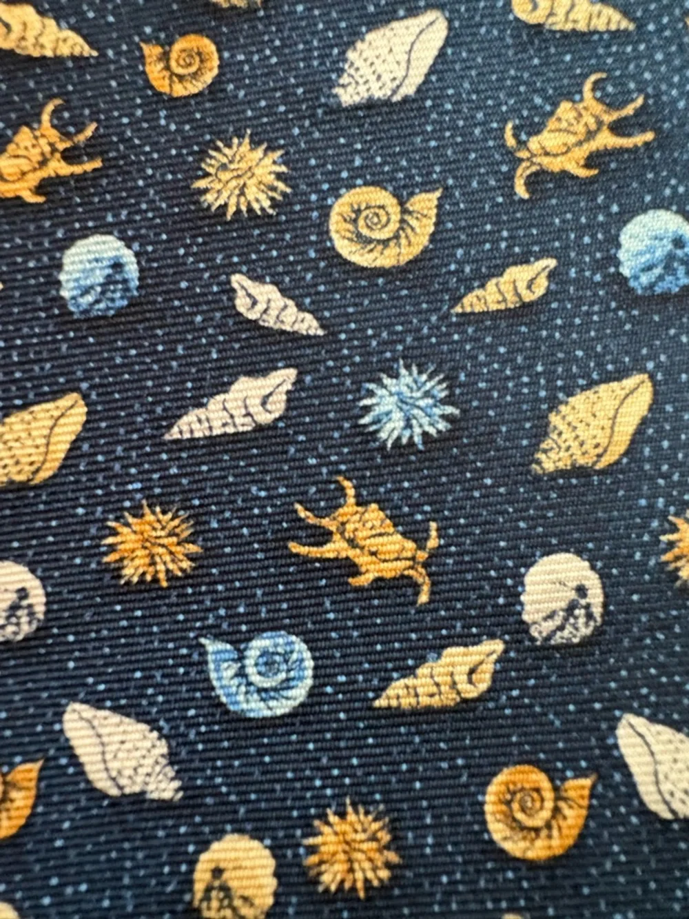 Alynn “What the Shell?!” Silk Tie Navy Seashell Crab Novelty Print
